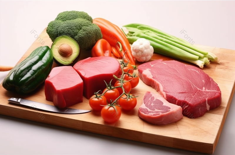 木制案板上的辣椒西蓝花西红柿蒜头猪肉牛肉瘦肉红肉蔬菜和肉新鲜食材,高清,摄影图,摄影图片,图片大全,摄影图免费下载